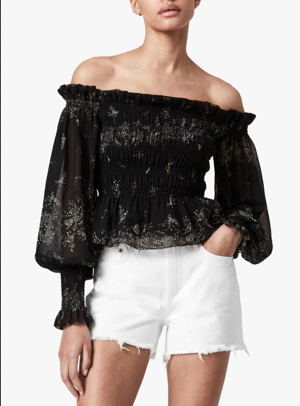 ALLSAINTS Lara Off The Shoulder Chiffon Blouse Black Delicate Floral Print Sz6